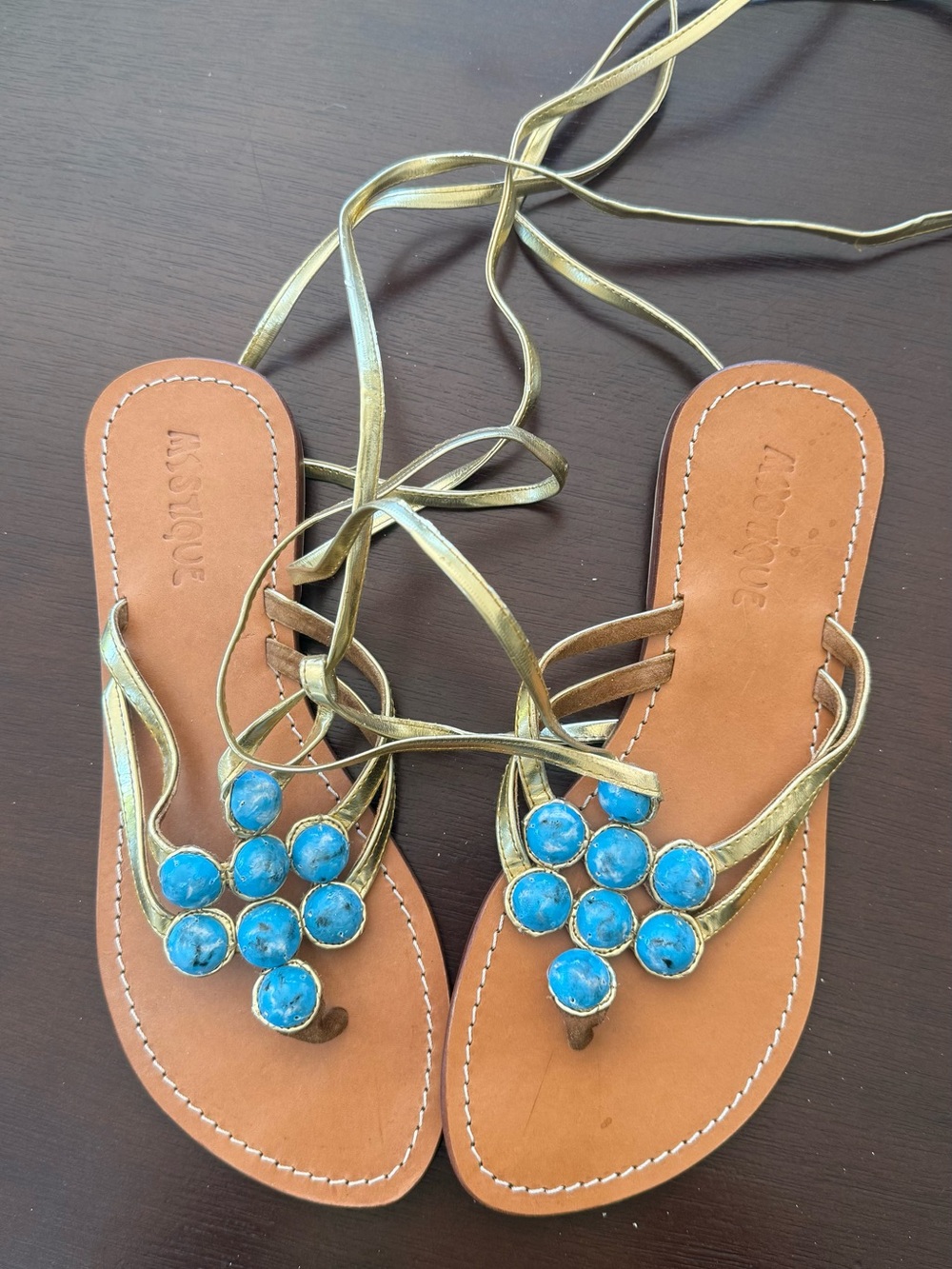 Mystique Boutique Gold Strappy Sandals with Blue Stone Clusters